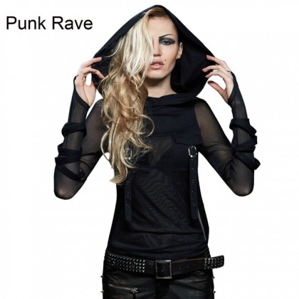 Cyber punk / Gothic Harness síťovaný top s kapucí